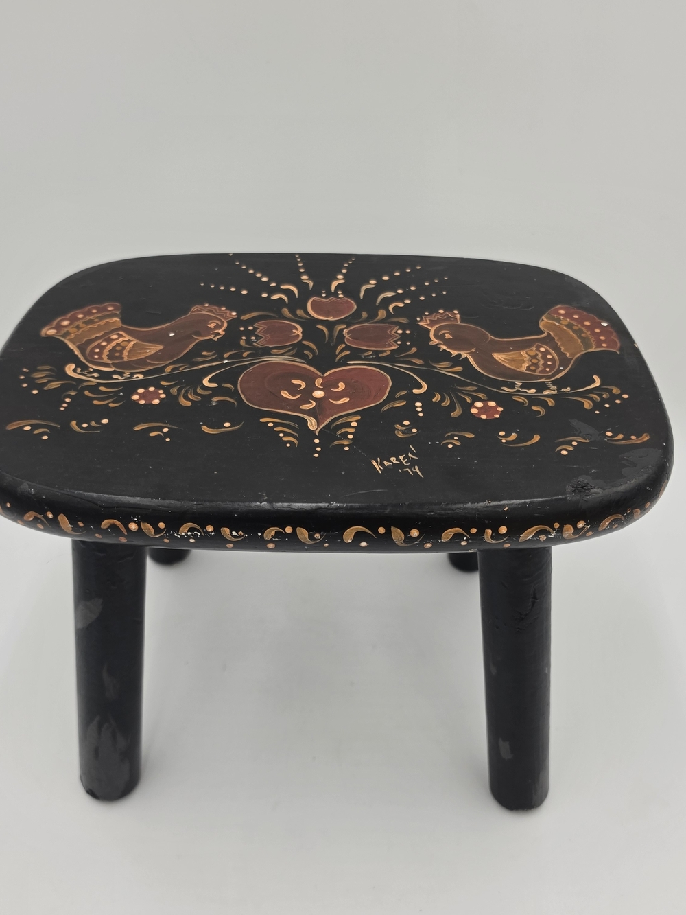 Hand‑Painted Vintage Wooden Stool